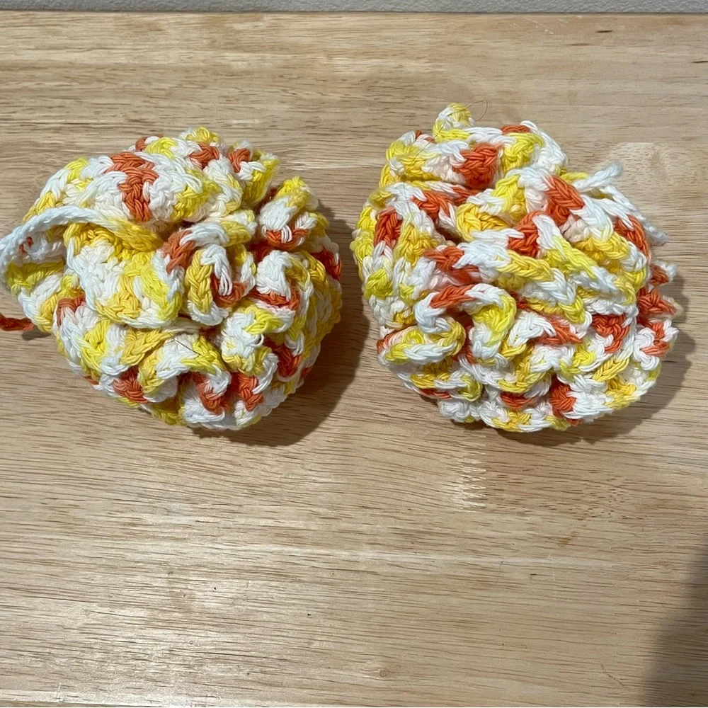 Set of 2 Crochet Yellow/Orange/White Eco-Friendly Bath Loofahs with Hanging Loop